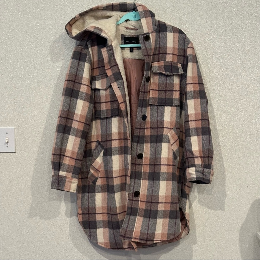 Sanctuary women’s hooded coat - Plaid Pink, Gray, Cream, purple